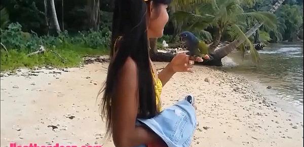  HD Ameteur Tiny Thai Teen Heather Deep day at the beach gives deepthroat Throatpie Swallow